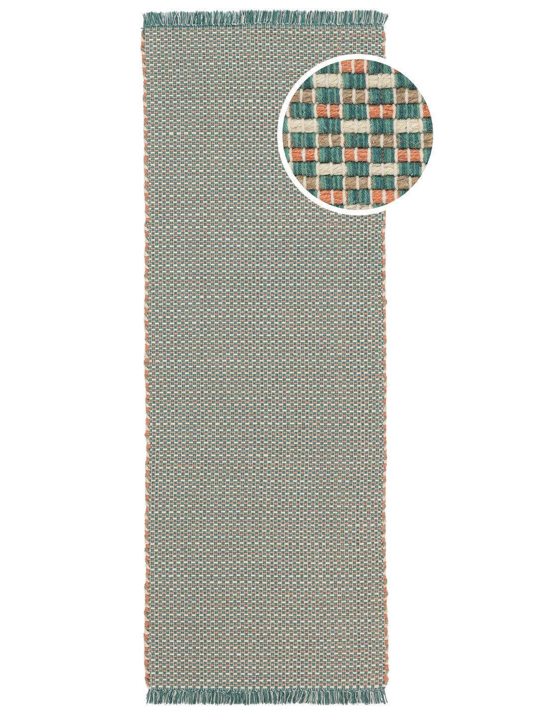 Handgeweven turquoise en blauwgroene loper met franjes