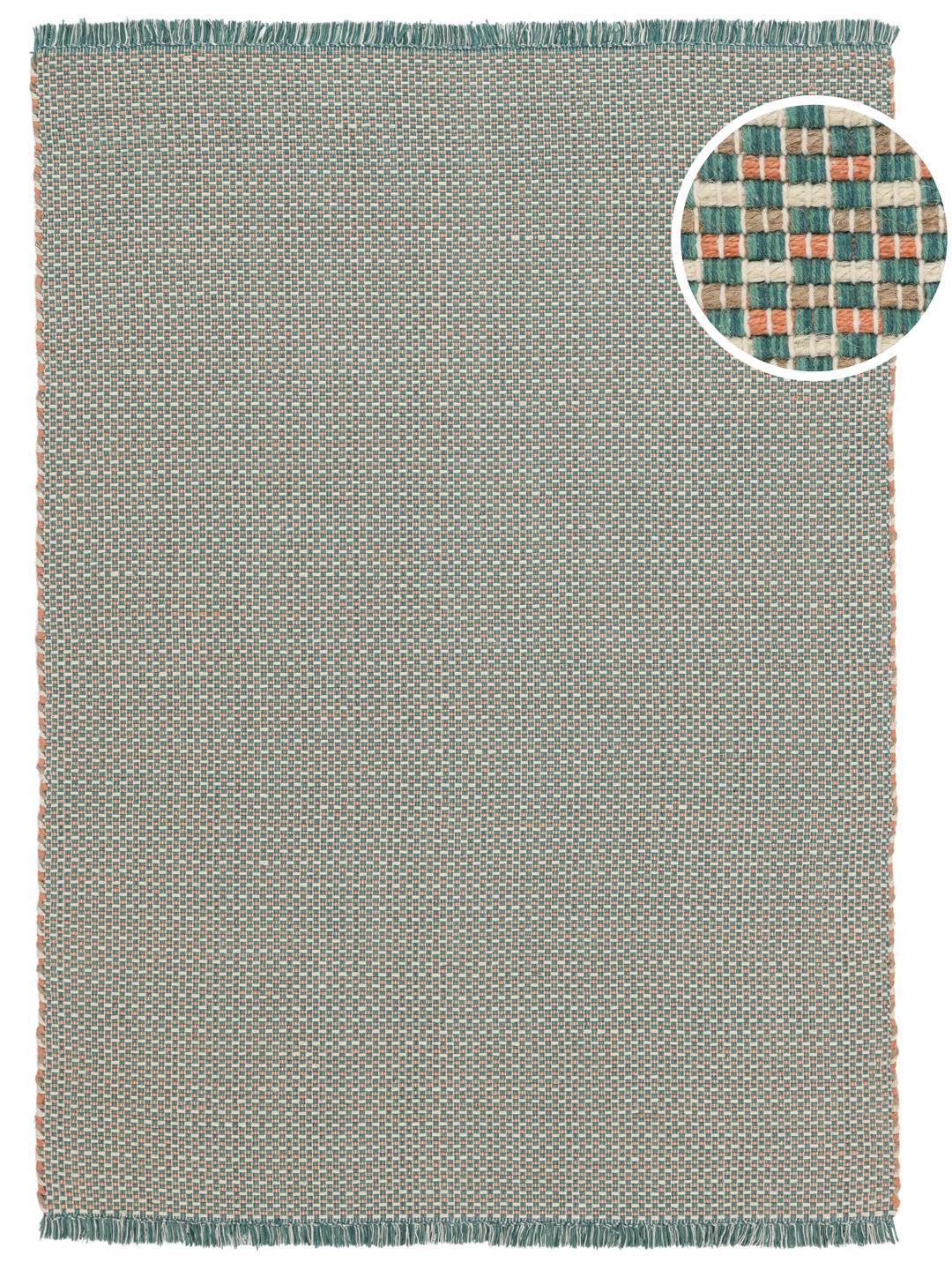Handgeweven vloerkleed in turquoise, teal en koraalrood