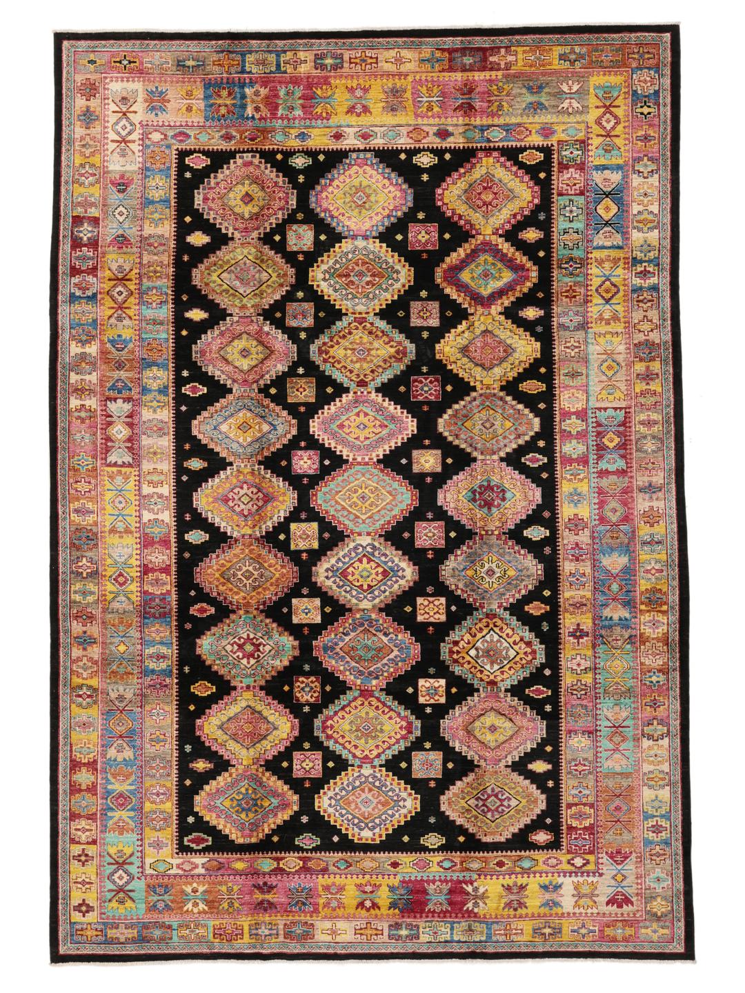 Hand-knotted Afghan rug with a black field and multicoloured diamond patterns.