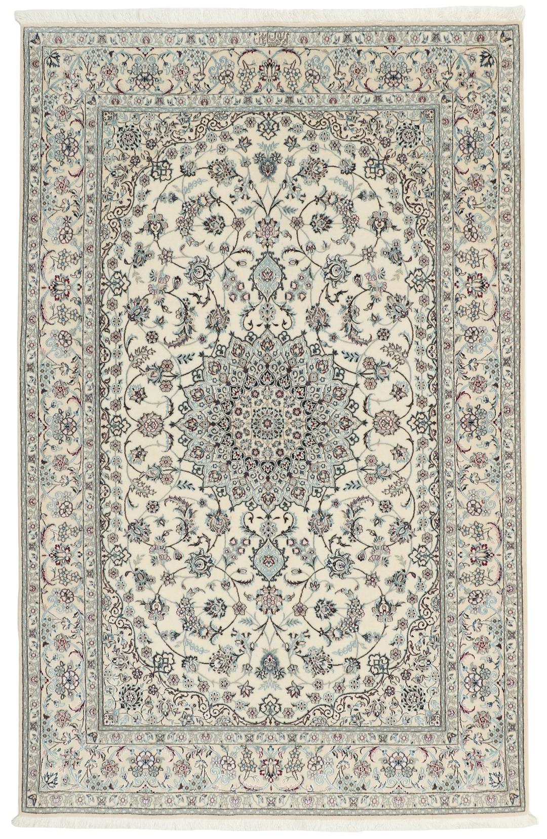 Handgeknoopt Nain 6La tapijt in beige en blauw met bloemmedaillonontwerp