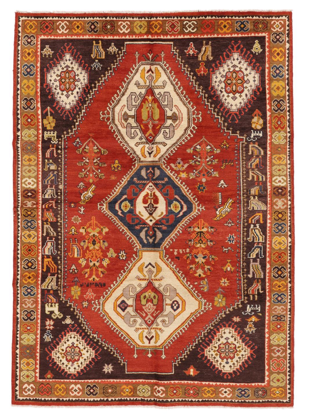 Afghaans Kazak-tapijt met een gedurfd rood en donkerbruin geometrisch patroon