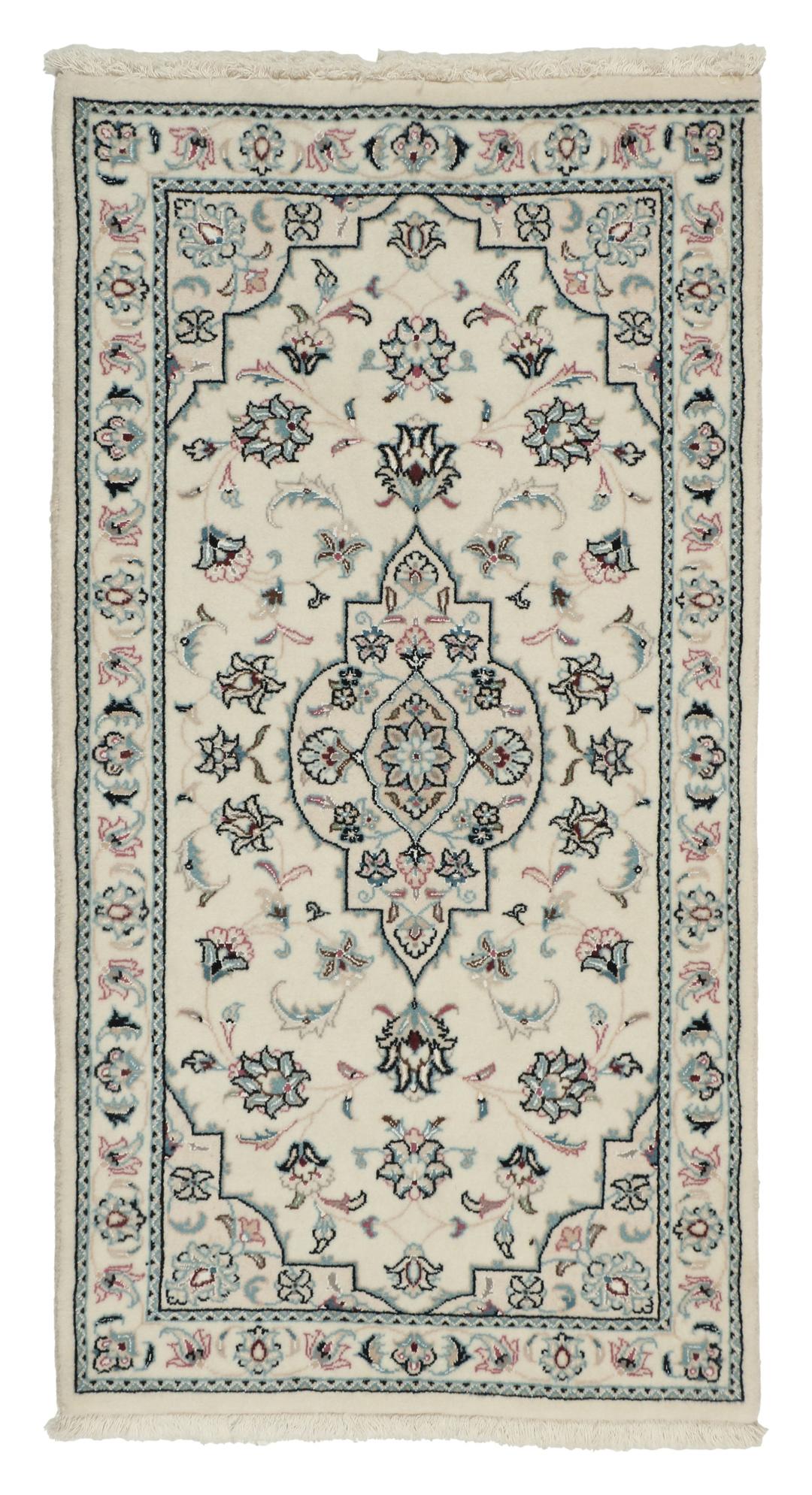 A hand-knotted Nain 9La rug from the Middle East in beige, blue, and pink colours.