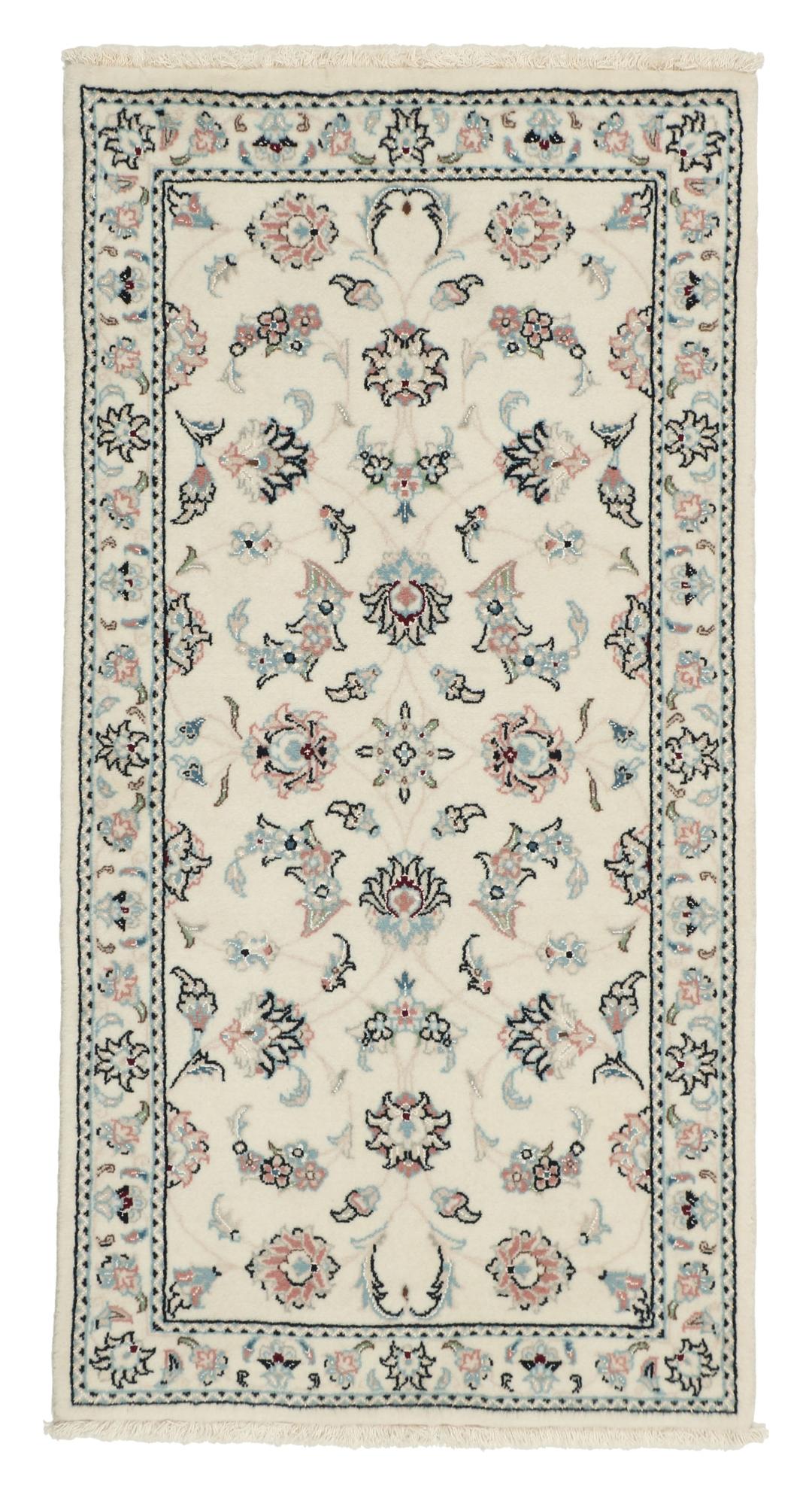 Handgeknoopt Nain 9La tapijt met complexe bloempatronen in beige en zachte blauwtinten
