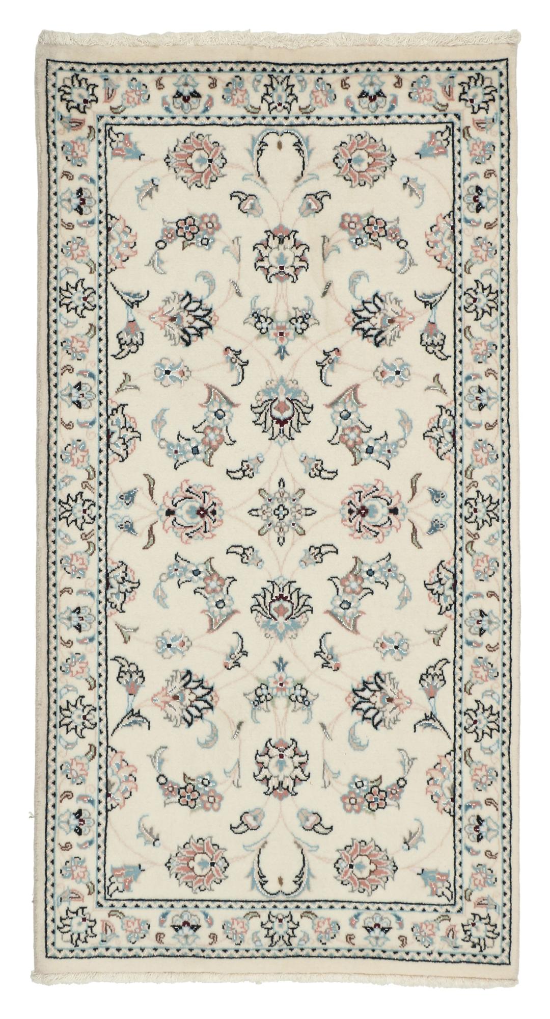 A hand-knotted Nain 9La rug from the Middle East featuring floral patterns in beige and soft blue.