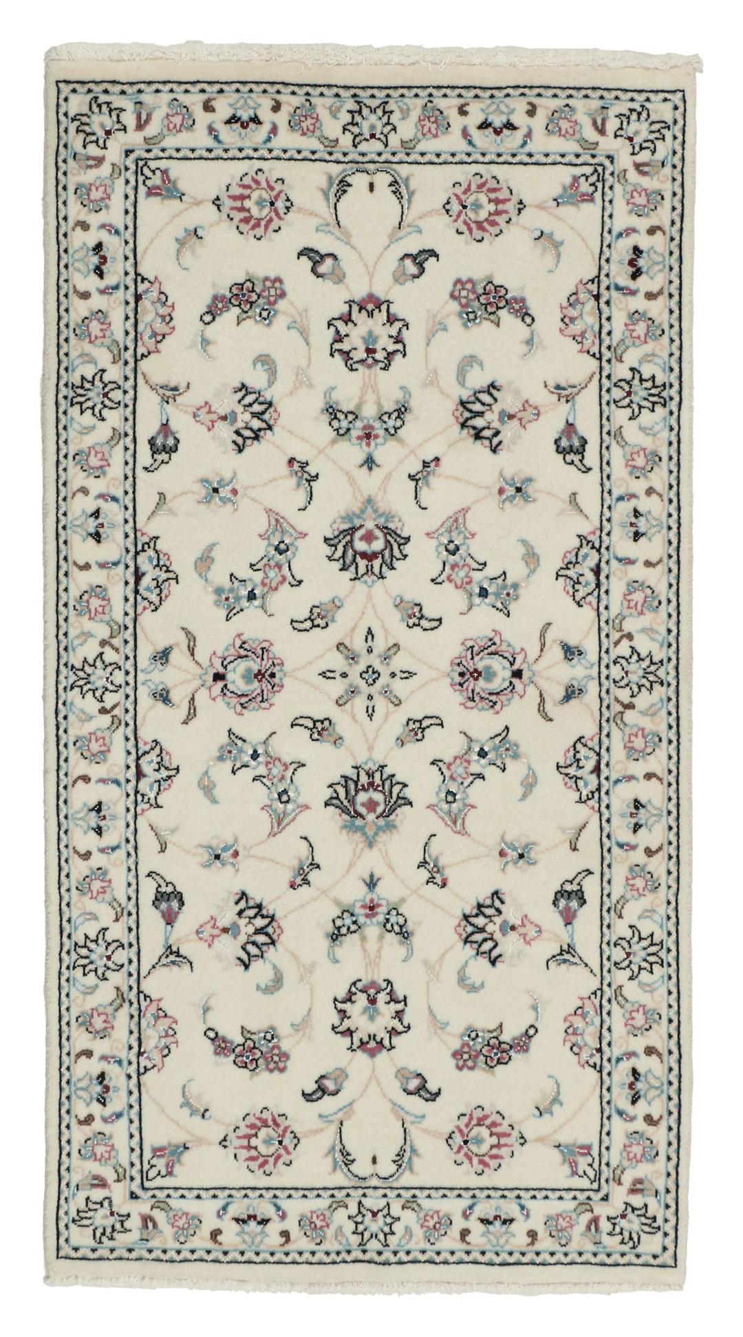 A rectangular Nain 9La rug from the Middle East with a beige background and floral motifs