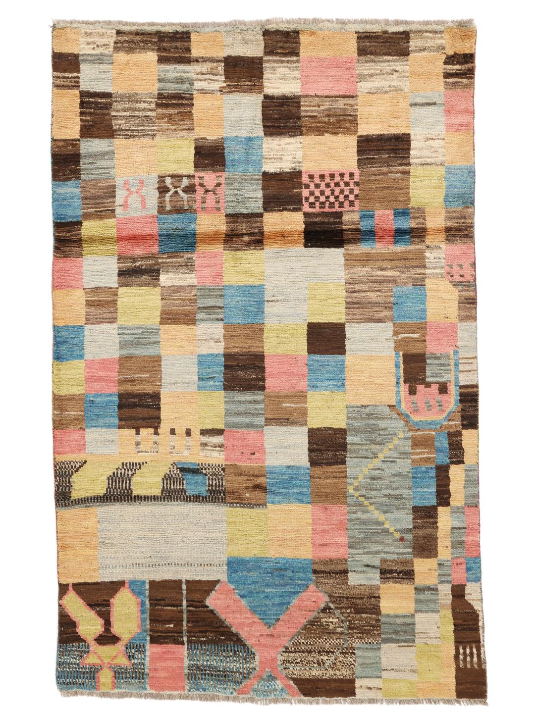 Hand-knotted Middle Eastern rug with a colourful patchwork design in multicolours