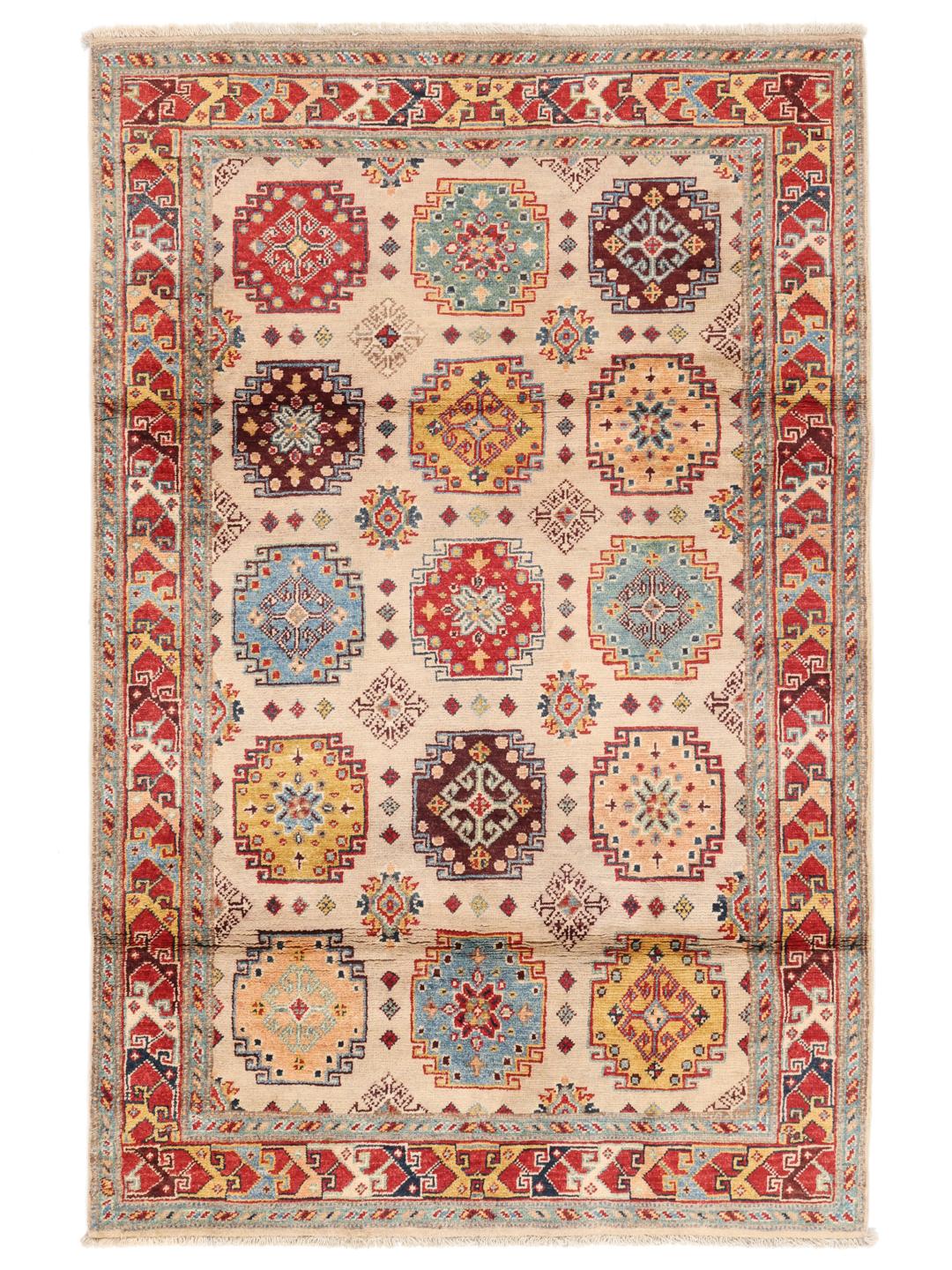Handgeknüpfter Kazak-Teppich aus Afghanistan mit lebendigen geometrischen Motiven in Mehrfarbig