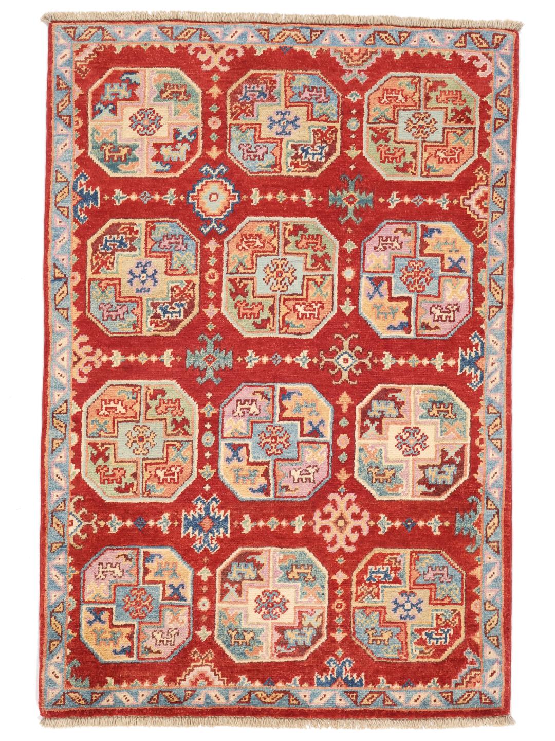 Handgeknoopt Afghaans Kazak-tapijt met rood veld en geometrische medaillonpatronen
