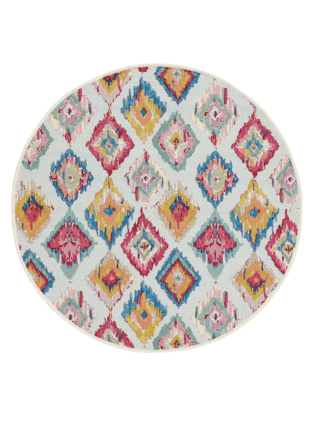Rond lichtblauw vloerkleed met een kleurrijk ikat patroon