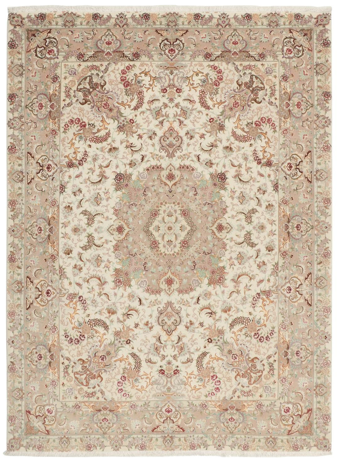 Handgeknoopt Tabriz tapijt uit het Midden-Oosten met een gedetailleerd beige en bloemig patroon