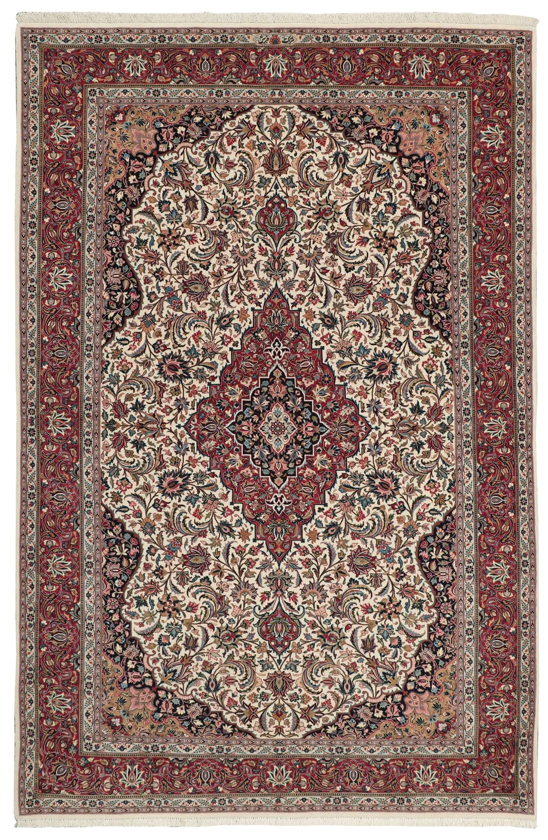 Handgeknoopt Ilam Sherkat Farsh tapijt met een rood en beige bloemenmedaillonontwerp