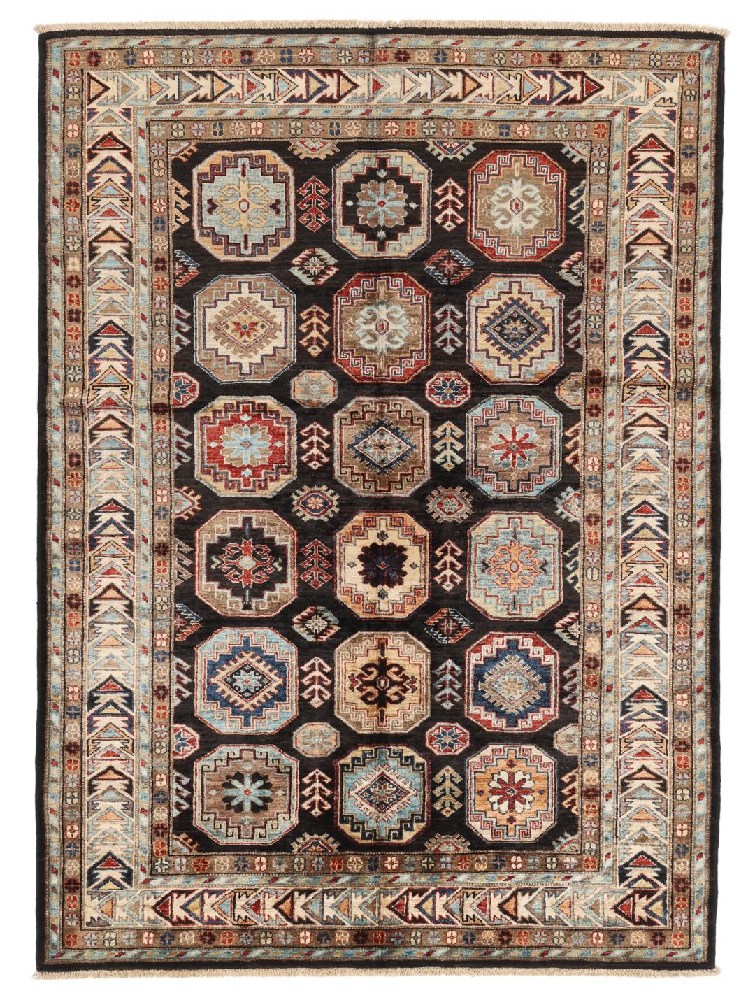 Hand-knotted Kazak Ariana wool rug from Afghanistan in black and multicolour