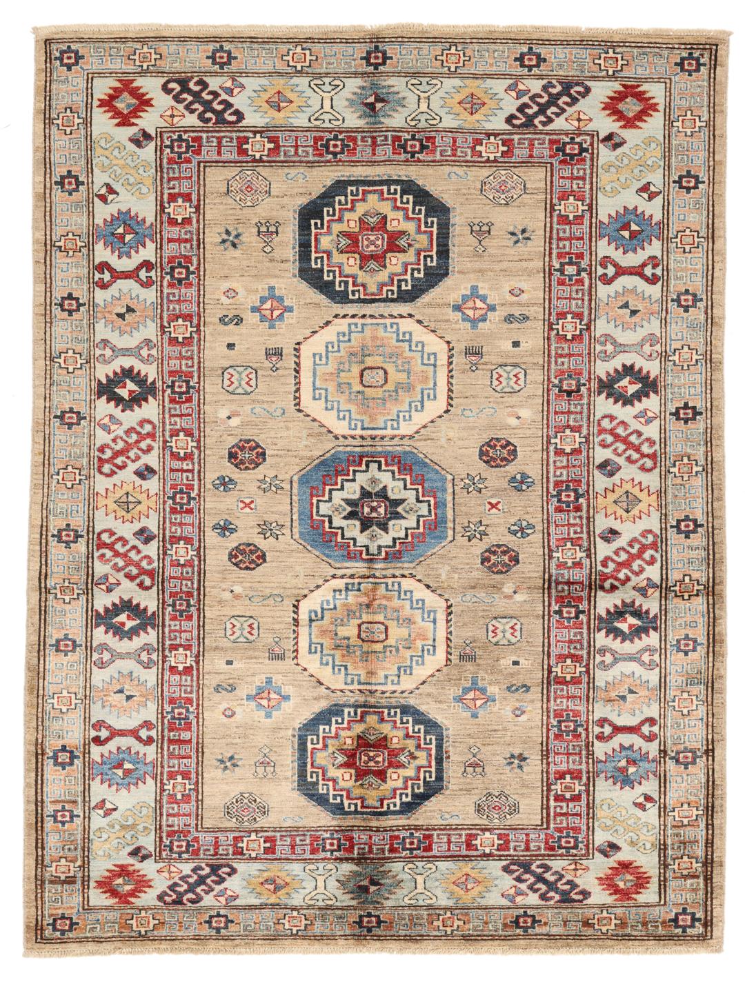 Hand-knotted Kazak rug from Afghanistan with a geometric pattern in beige, red, and blue