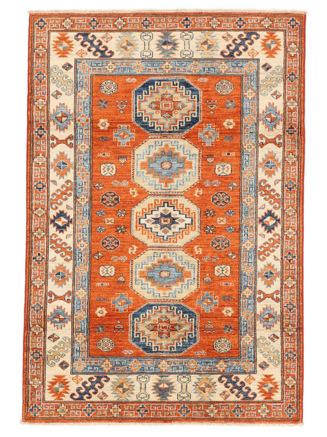 Tapis afghan Kazak noué à la main avec un champ orange et des motifs géométriques