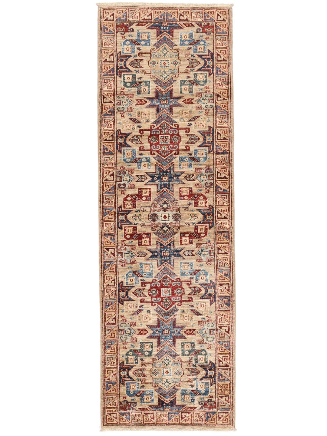 Handgeknoopte Kazak Ariana loper uit Afghanistan in rood, blauw en beige.