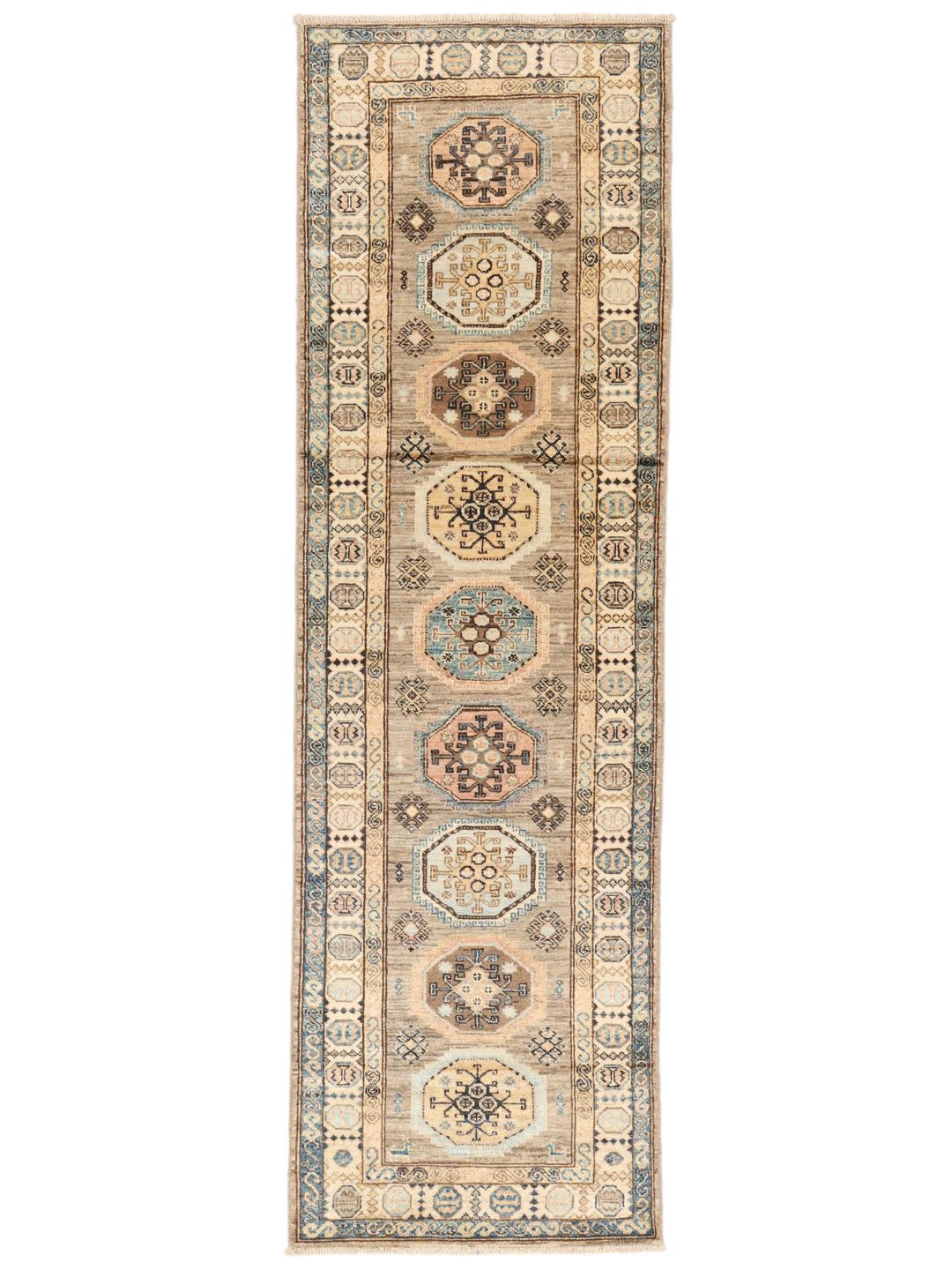 Handgeknoopte Afghaanse Kazak-loper in beige en blauwe tinten