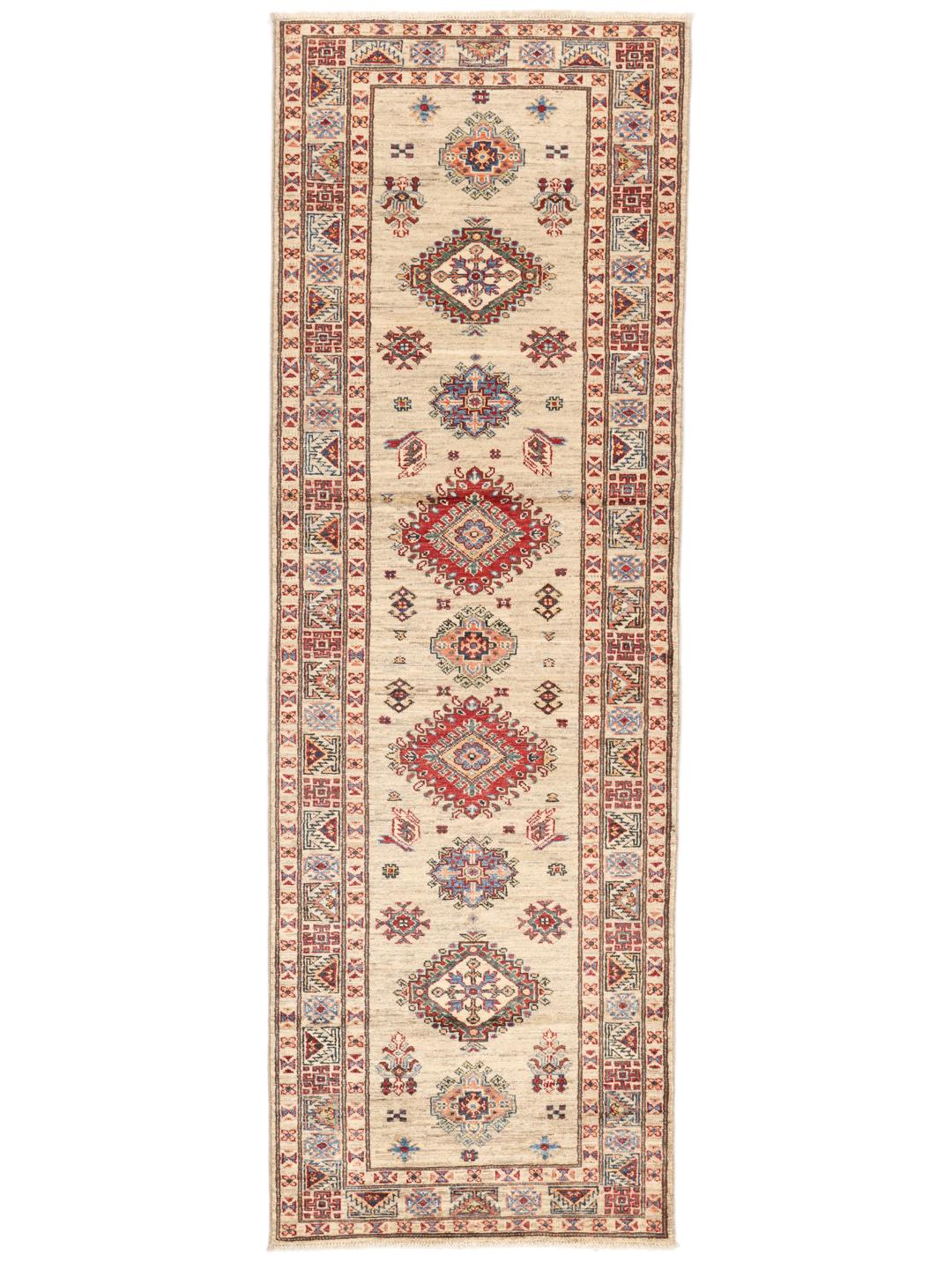 Handgeknoopte Kazak Ariana loper uit Afghanistan in beige met geometrische patronen