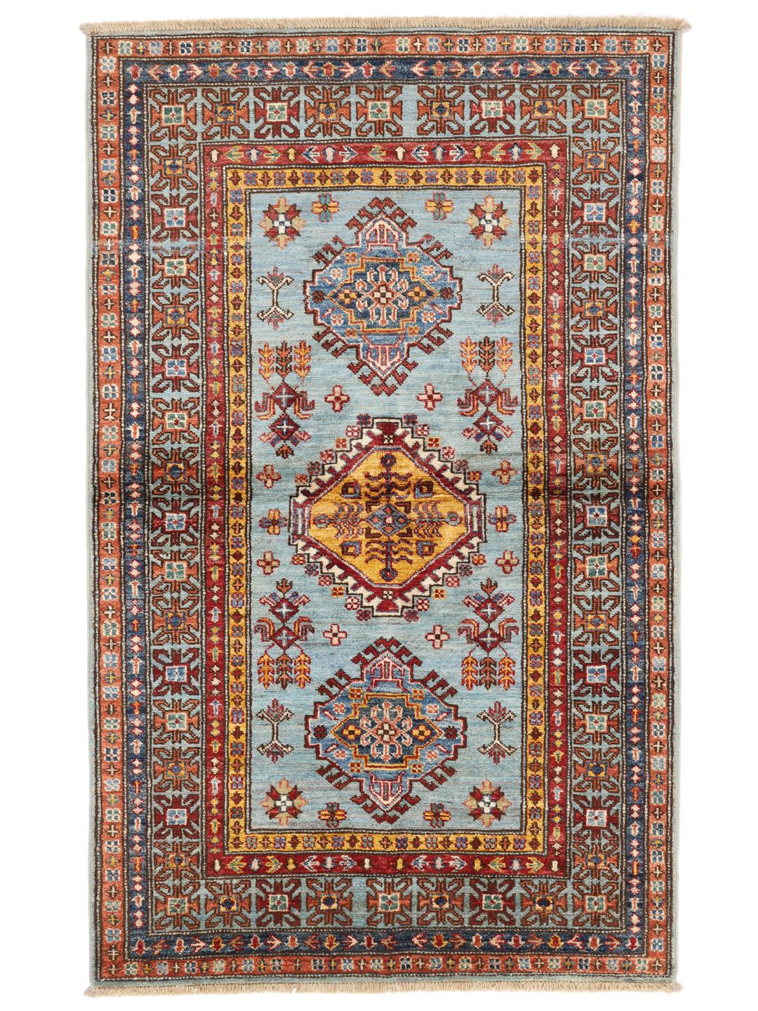 Covor afgan Kazak Ariana înnodat manual în albastru deschis cu modele geometrice