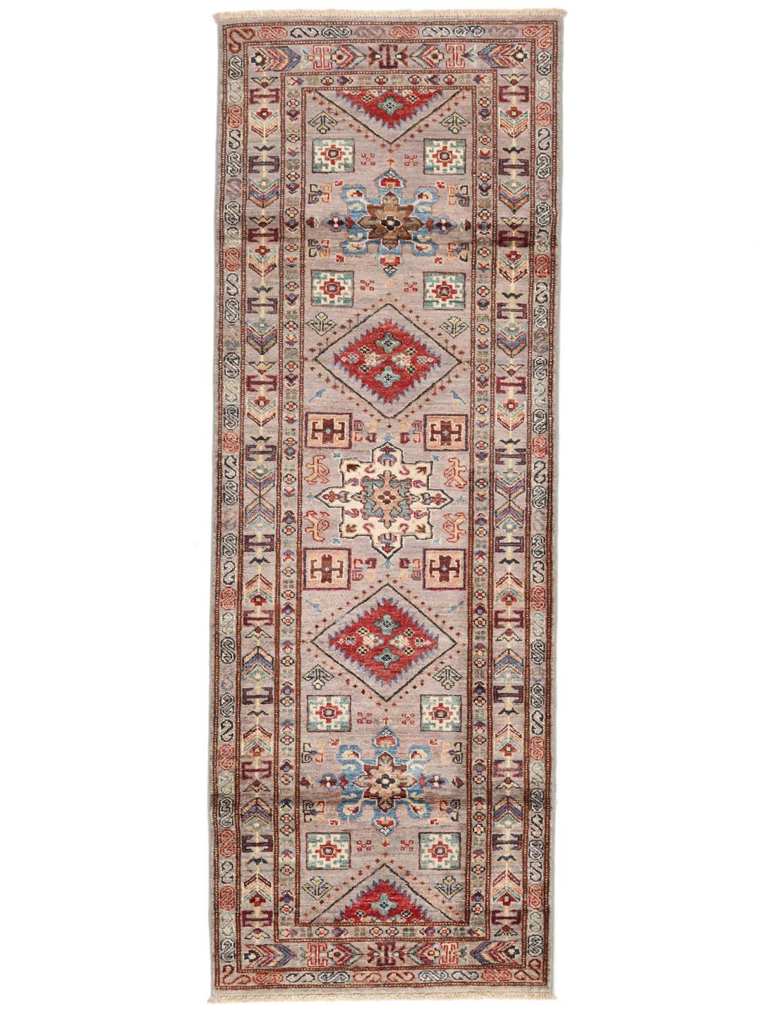 Handgemaakte Afghaanse Kazak loper in beige met geometrische medaillonpatronen