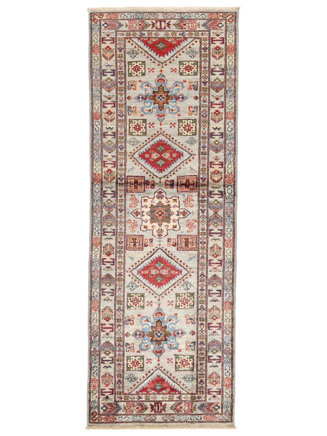 Handgefertigter Kazak-Läufer aus dem Nahen Osten mit geometrischen Mustern in Beige und Rot