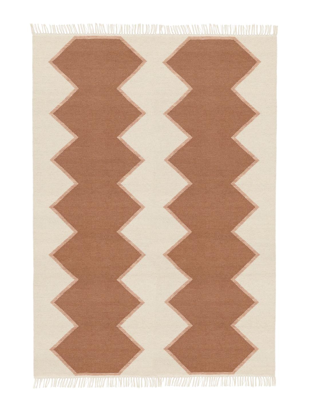 Handgeweven wollen vloerkleed in roestrood en natuurlijk wit met geometrisch patroon