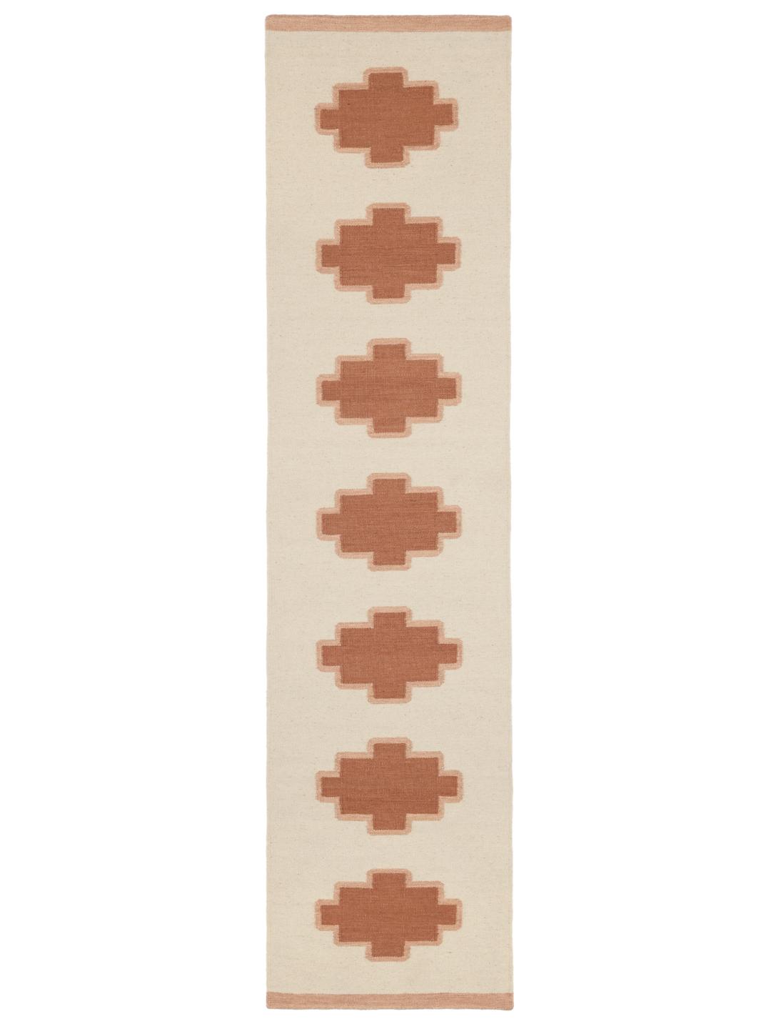 Tapis de couloir tissé à la main blanc cassé avec des motifs géométriques rouge rouille