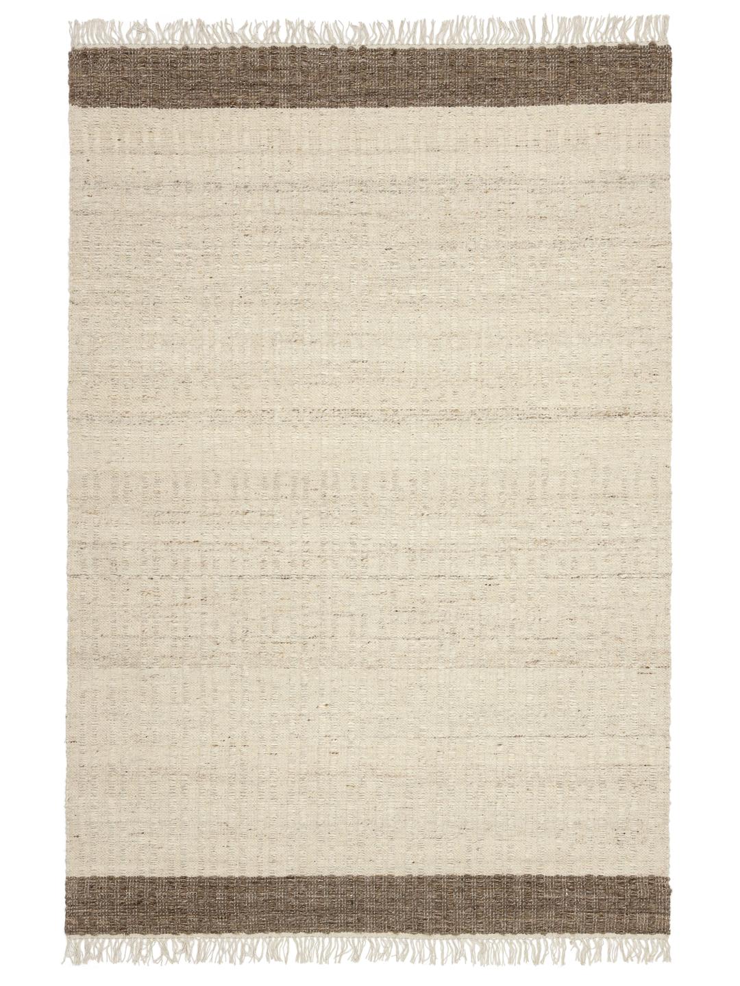 Beige en bruin handgeweven tapijt van een wolmix met franjes
