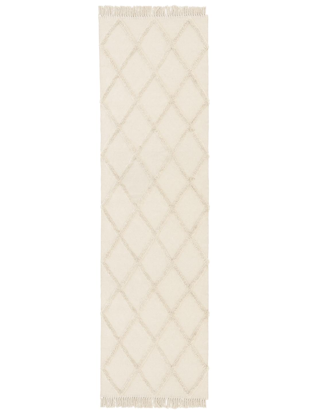 Een lange, witte loper met een zacht ruitpatroon en franjes.