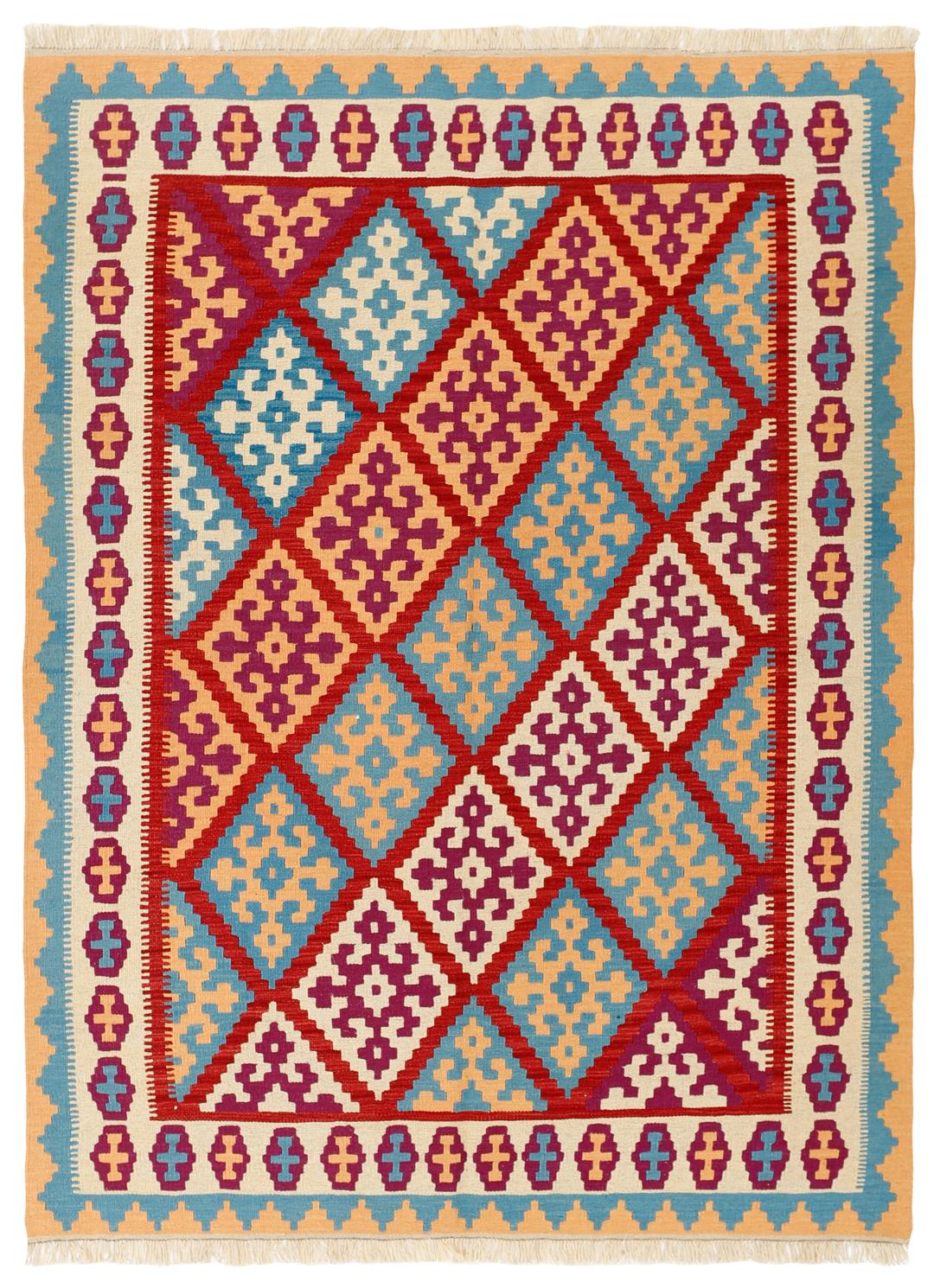 Håndvævet Kilim-tæppe fra Mellemøsten med et farverigt geometrisk diamantmønster