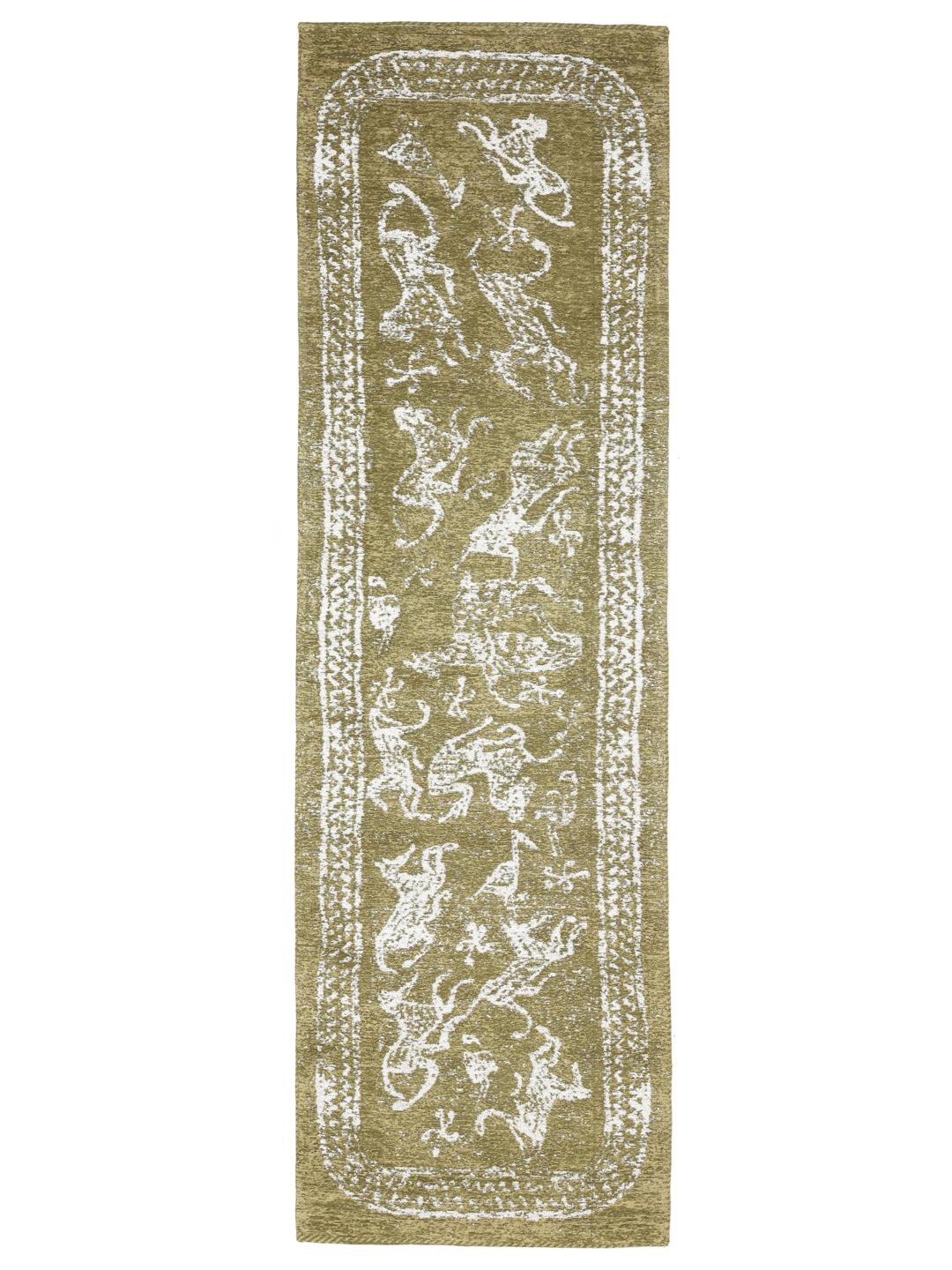 Handgeweven olijfgroene loper met decoratieve rand