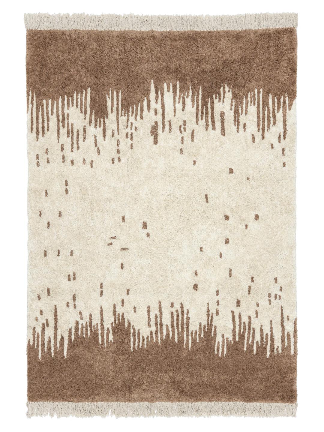Beige en wit tapijt met organisch patroon en franjes