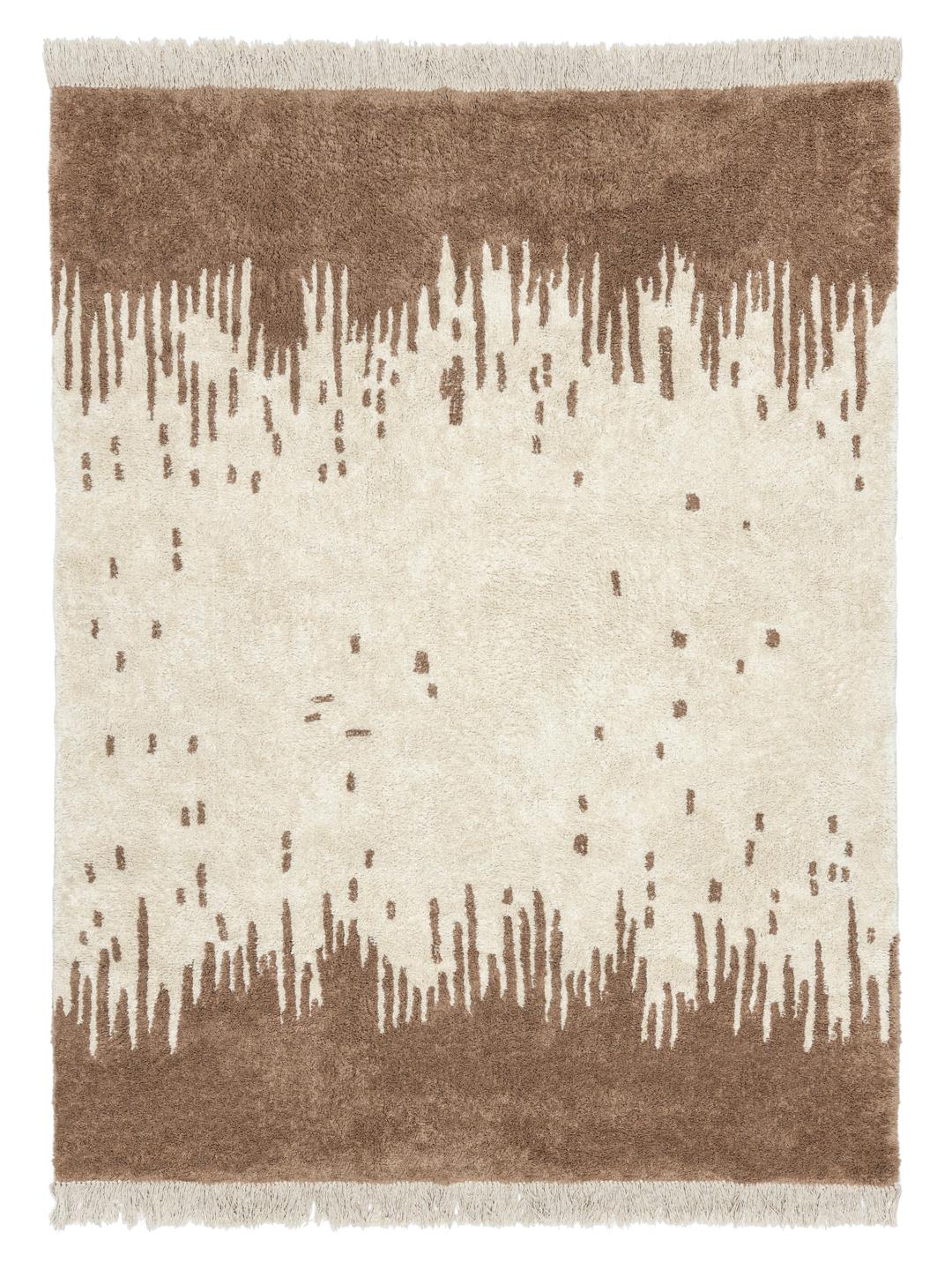 Beige en wit tapijt met organisch patroon en franjes