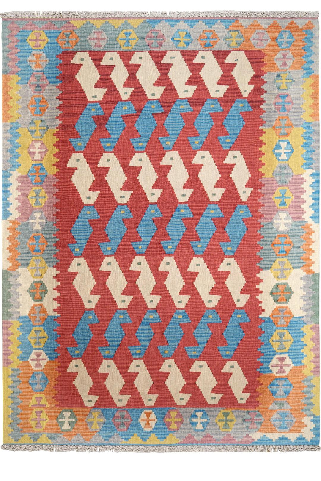 Håndvævet, flerfarvet Kilim Qashqai-tæppe med geometriske motiver fra Mellemøsten