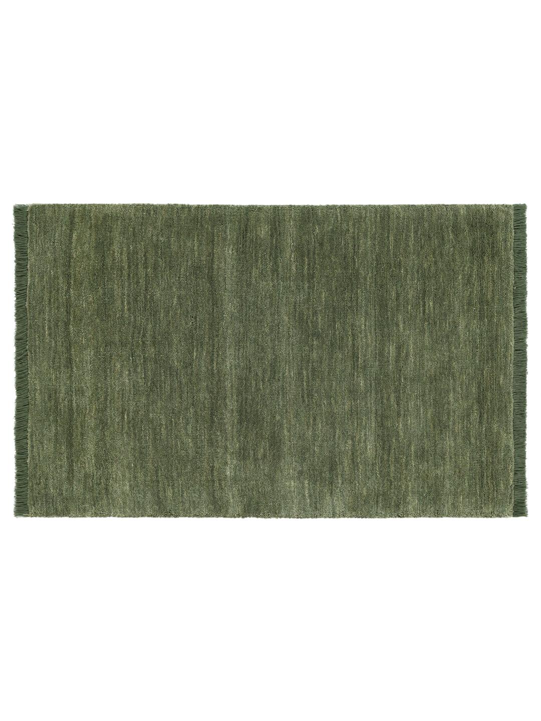 Groen handgeweven vloerkleed met korte franjes