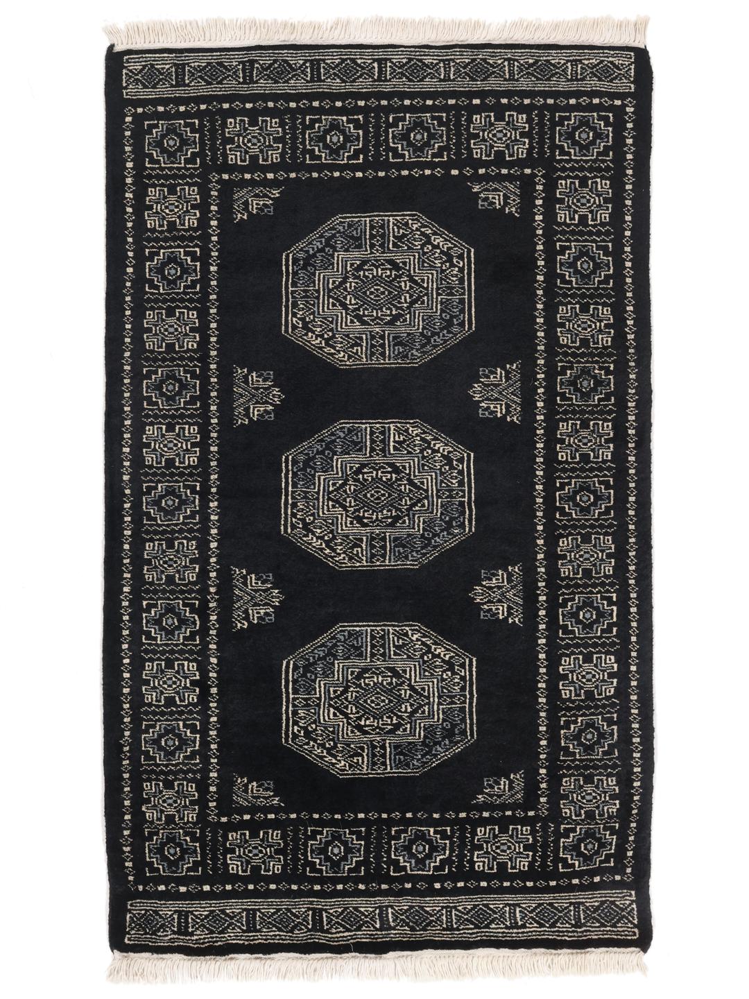 Hand-knotted Pakistan Bokhara rug in black with traditional geometric motifs