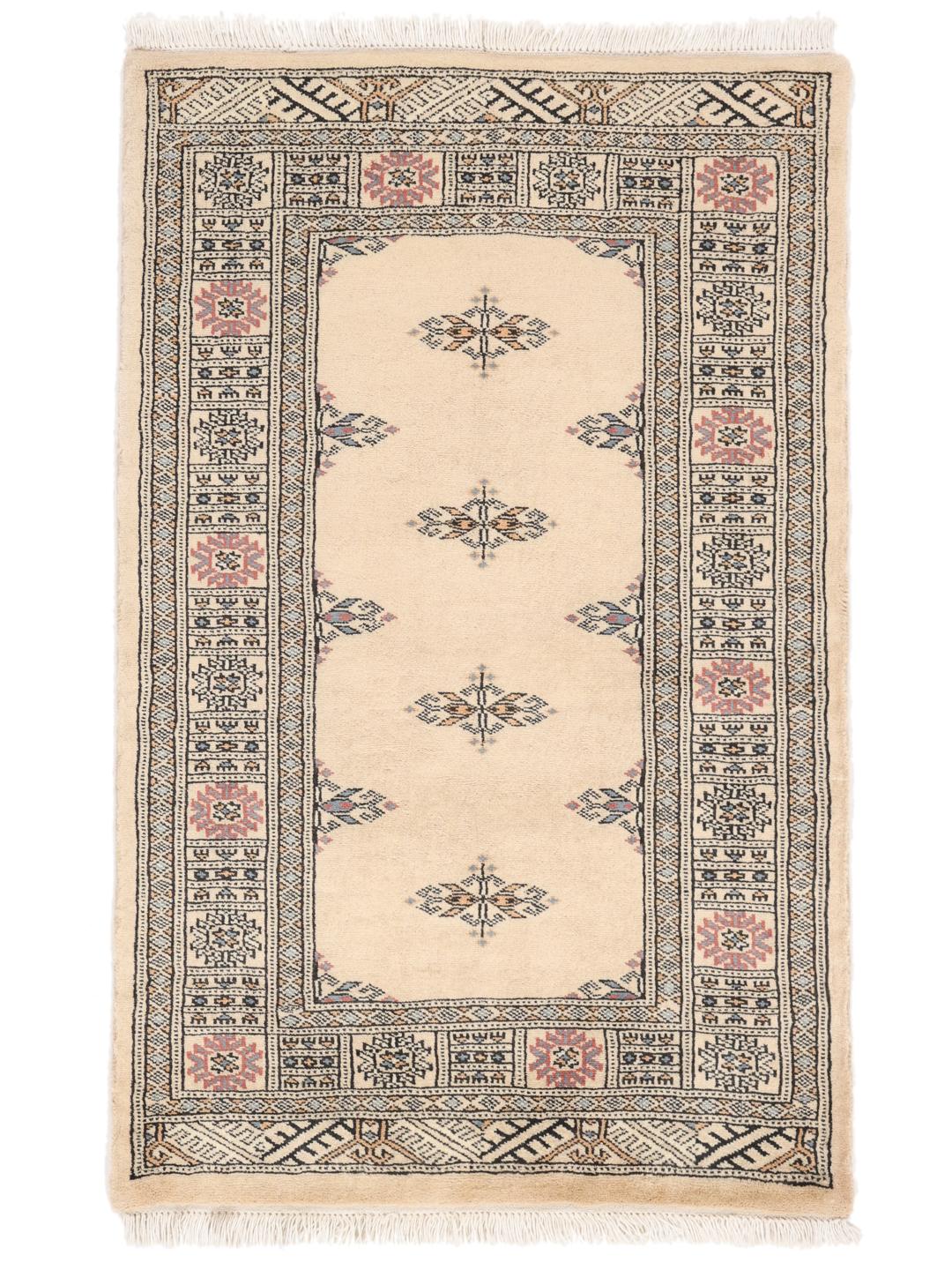 Hand-knotted Pakistan Bokhara 3ply rug in beige with traditional geometric motifs