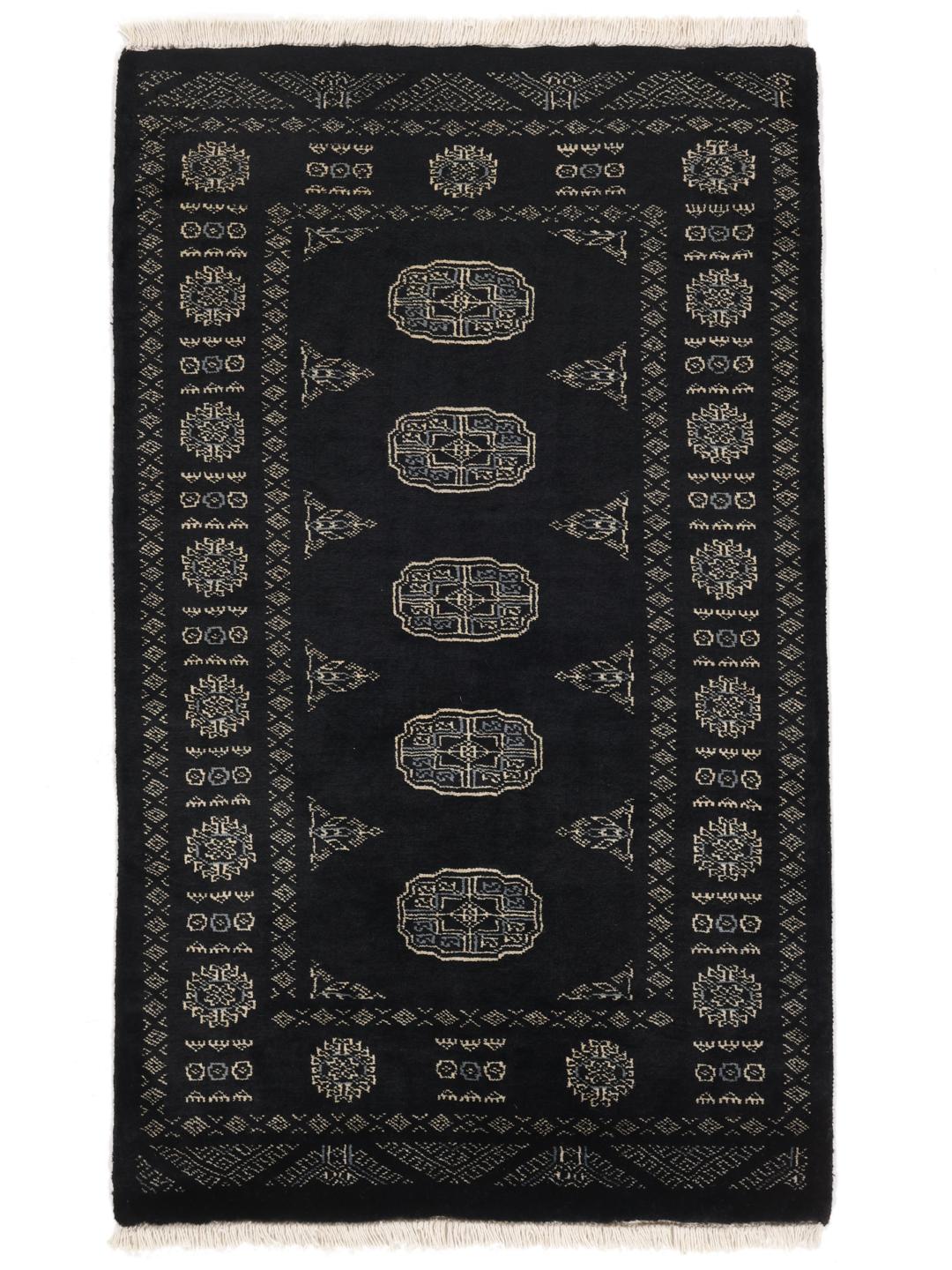 Hand-knotted Pakistan Bokhara rug in black with traditional geometric motifs