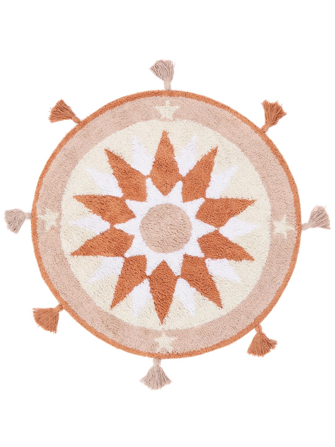 Tapis de bain rond terracotta avec motif étoile et bordure à franges