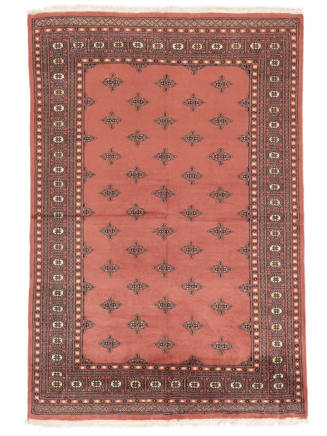 Een handgeknoopt Pakistan Bokhara 2ply vloerkleed met een rood veld en herhalende geometrische motieven.