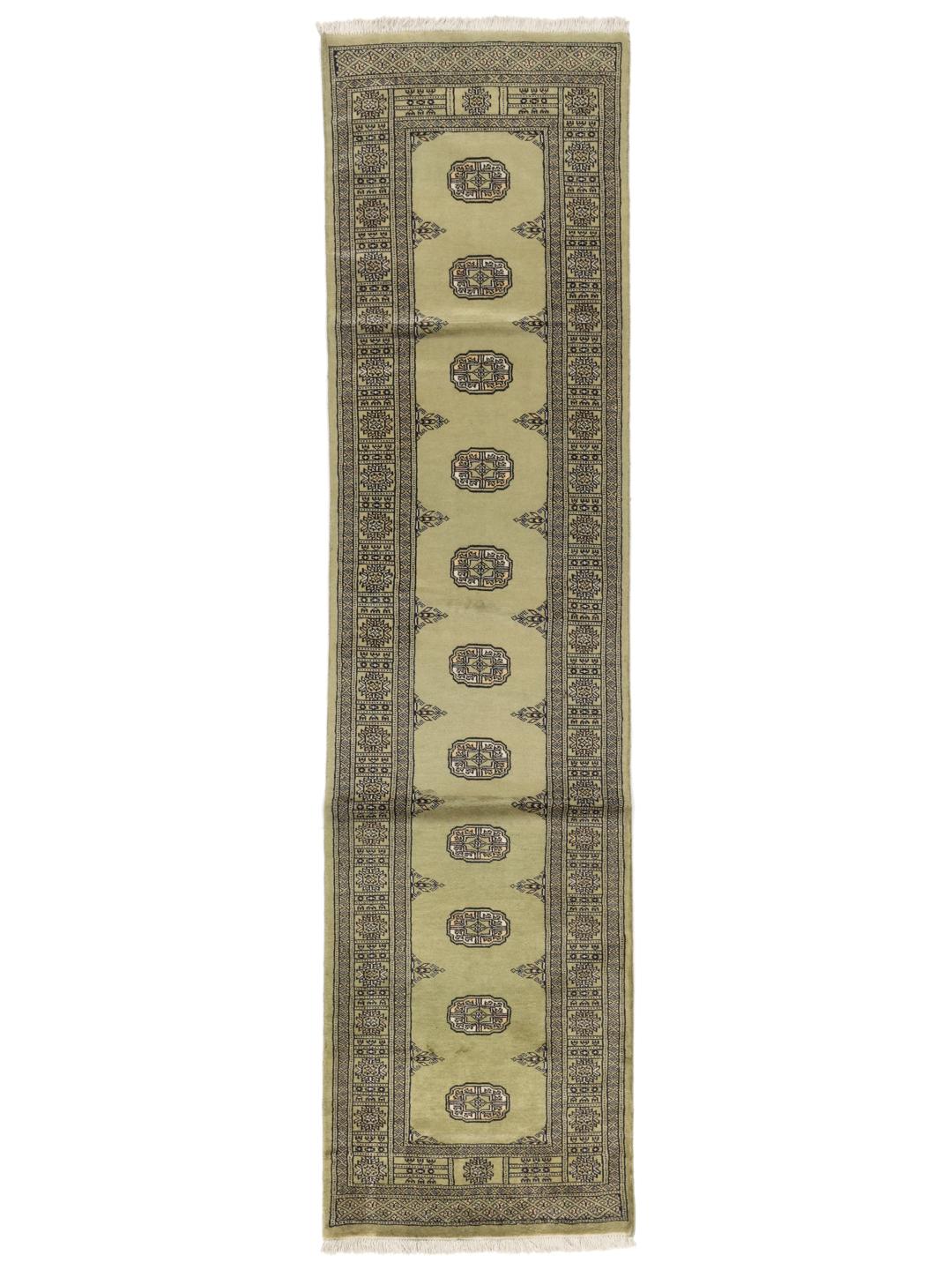 Hand-knotted Pakistani runner rug in light green with geometric patterns