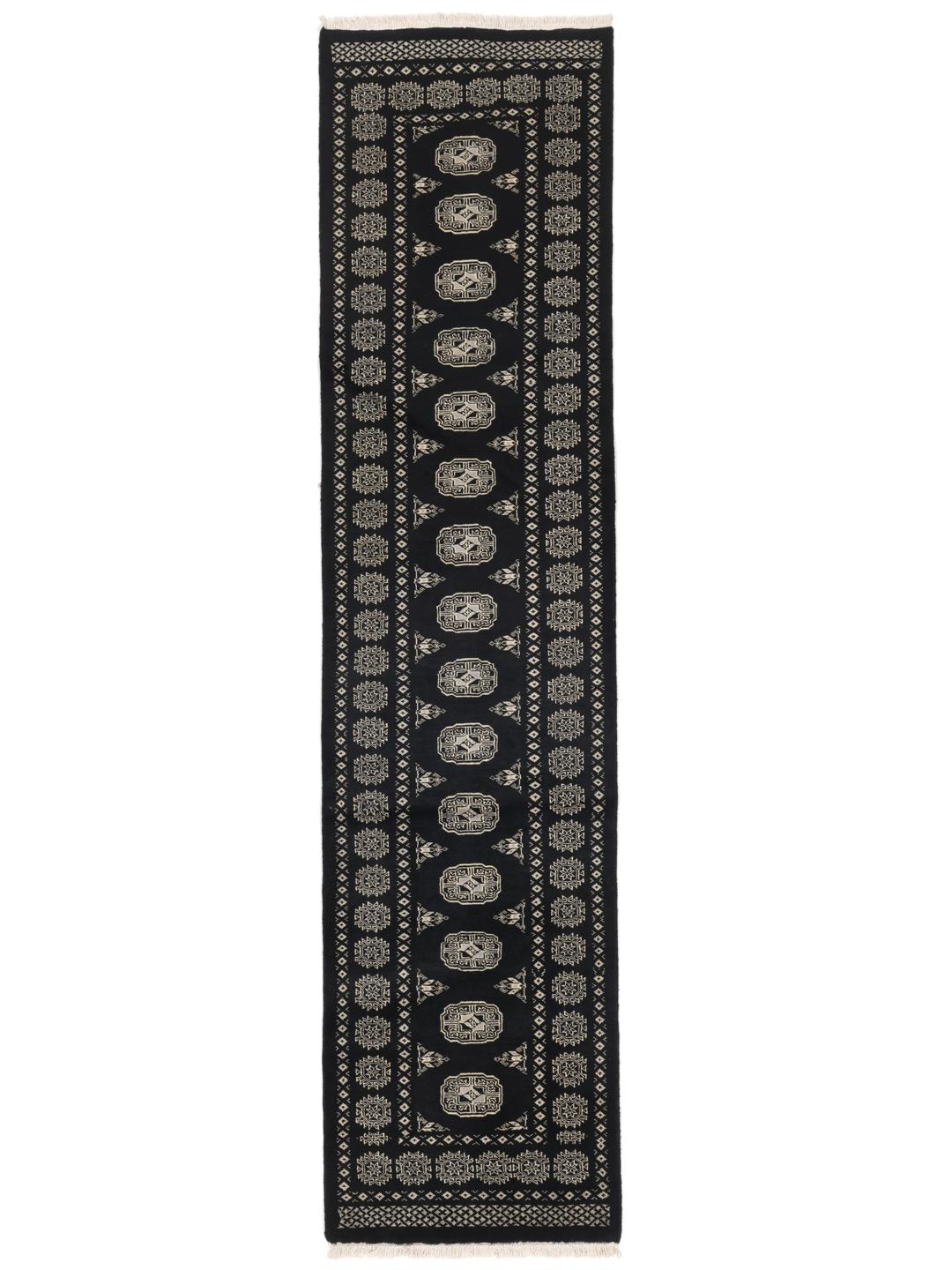 Hand-knotted Pakistan Bokhara runner in black with traditional geometric patterns