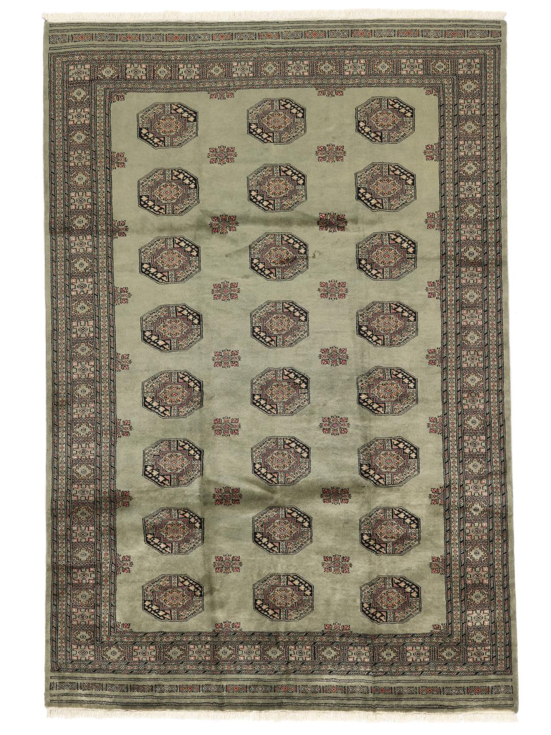 A hand-knotted Pakistan Bokhara 3ply rug with a green field and traditional motifs.