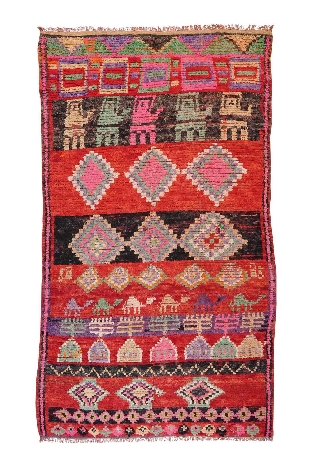 Marokkanischer Vintage-Teppich mit lebendigen, mehrfarbigen Stammesmotiven und Wollflor