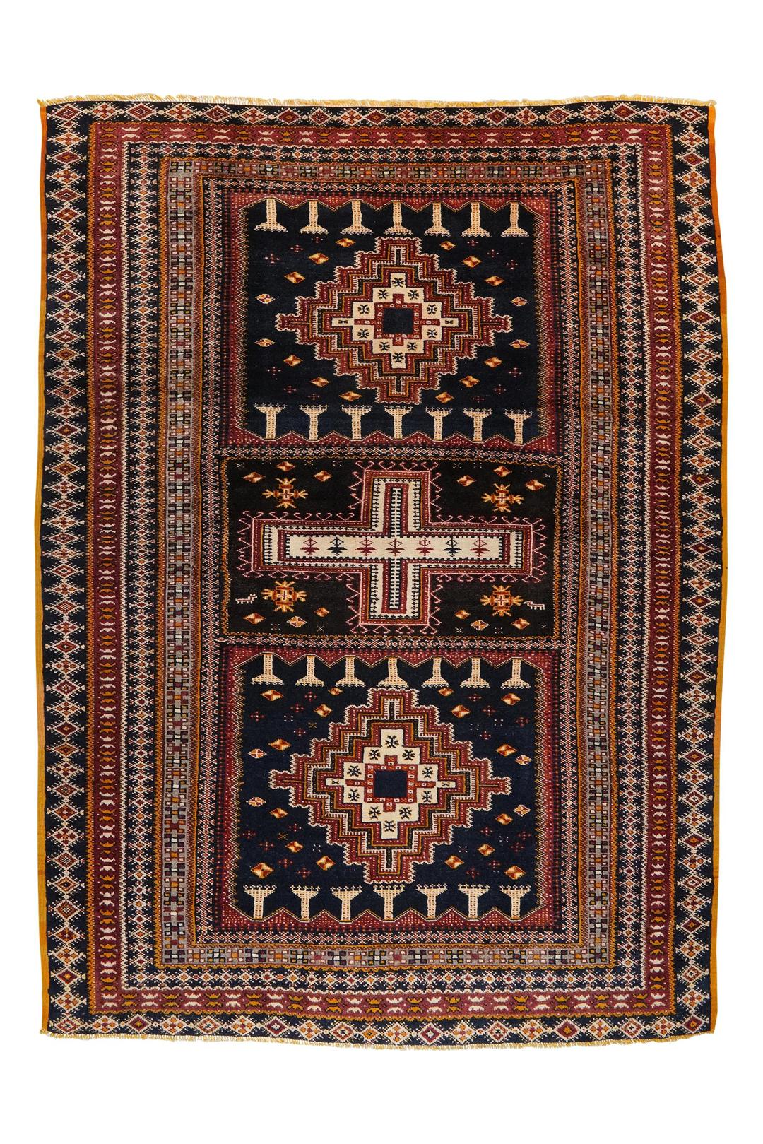 Handgeknüpfter Vintage-Teppich aus Marokko mit geometrischen Motiven in Dunkelblau und Rot