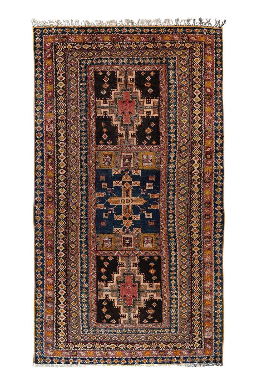 Vintage handgeknüpfter marokkanischer Teppich mit geometrischen Stammesmotiven in mehrfarbiger Wolle