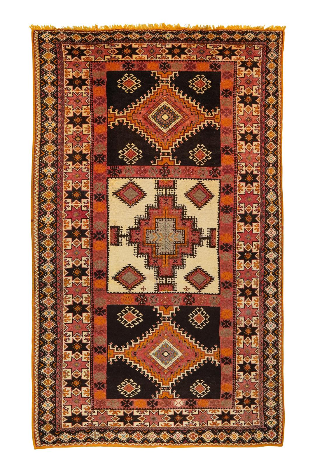 Vintage handgeknüpfter Berberteppich aus Marokko mit geometrischen Mustern in Mehrfarbig