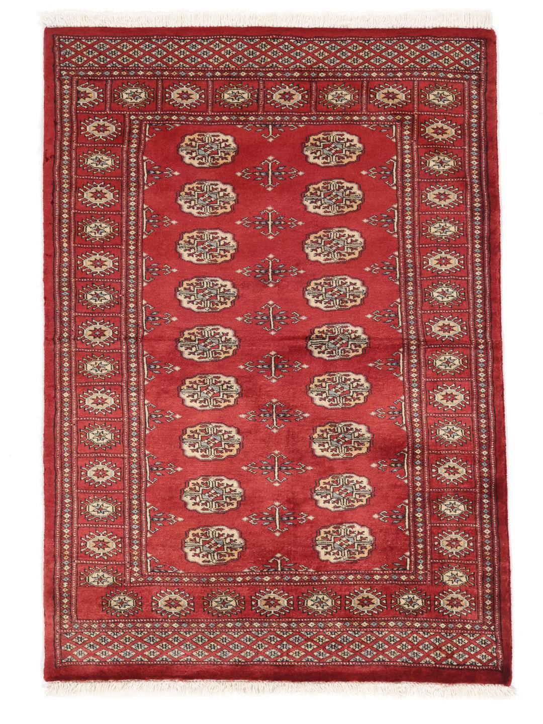 Hand-knotted Pakistan Bokhara 3ply rug in dark-red with repeating medallion motifs