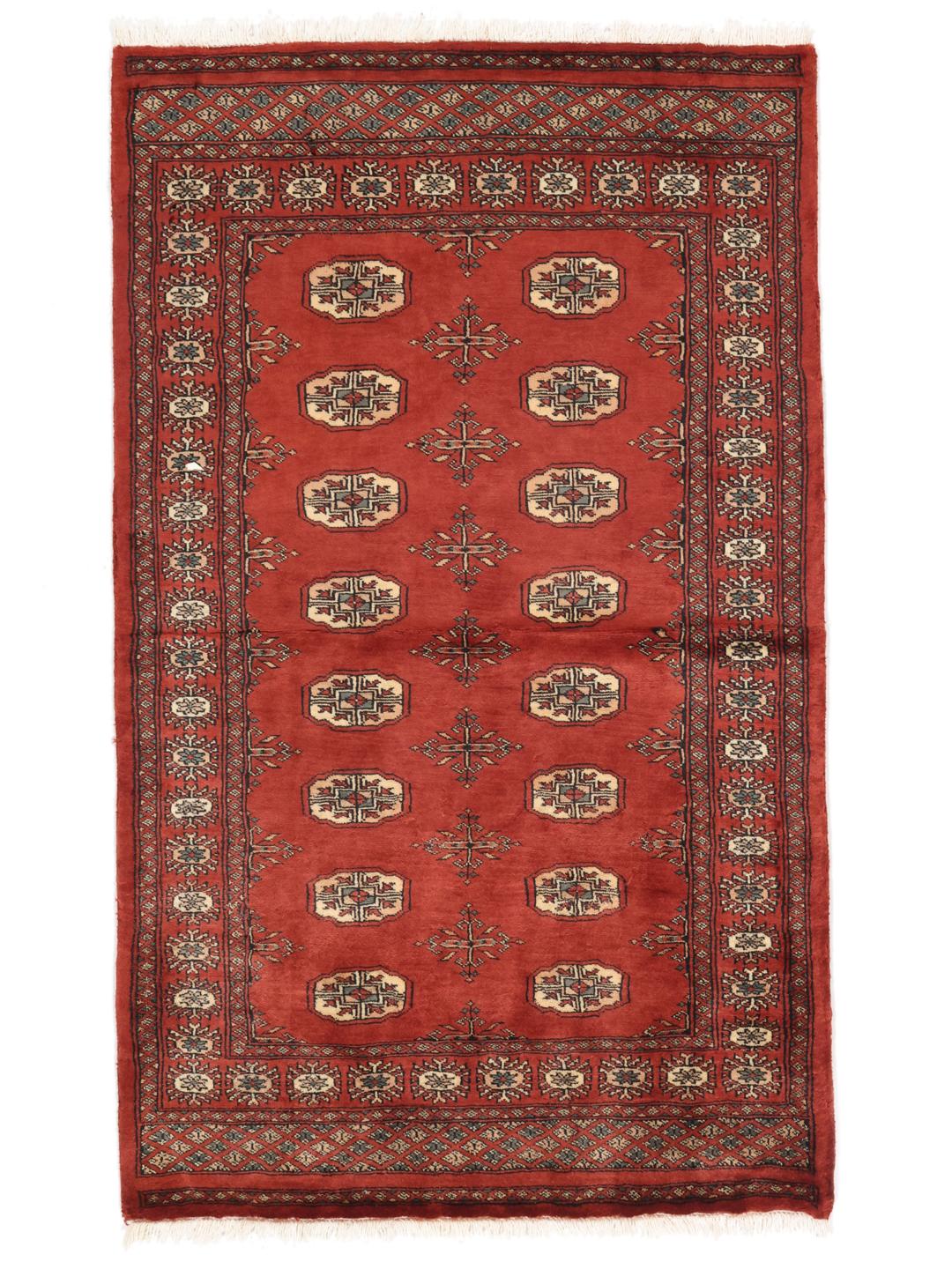Hand-knotted Pakistan Bokhara 3ply rug in red with traditional motifs