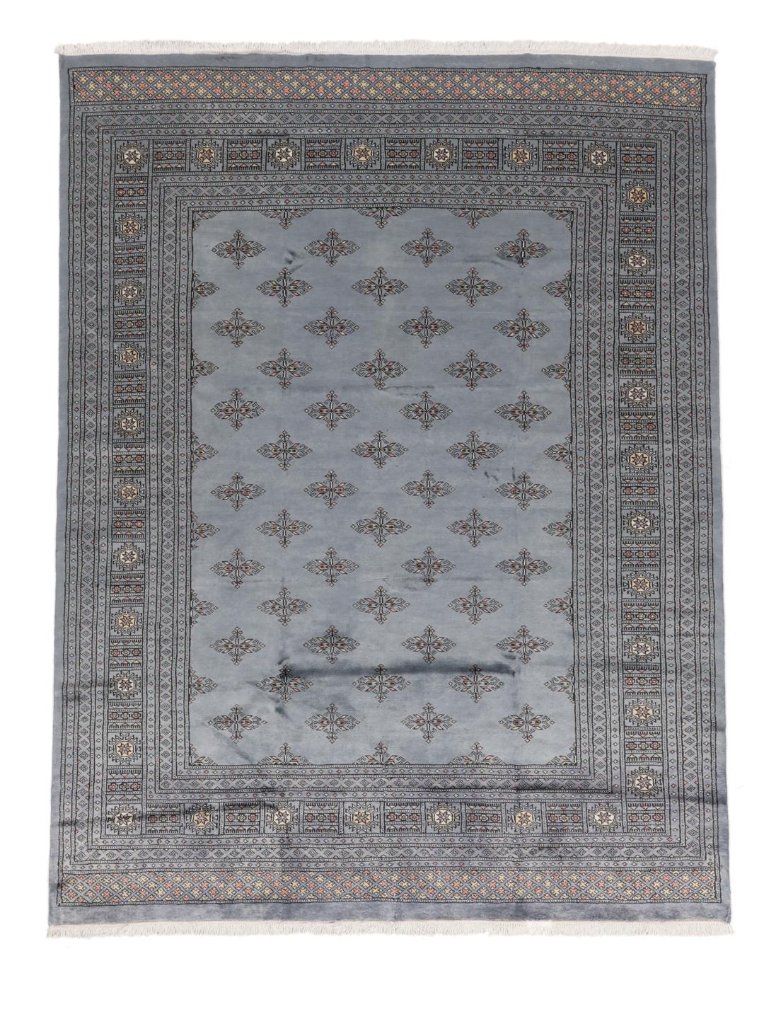 A hand-knotted Pakistan Bokhara 2ply rug with a blue field and repeating motifs.