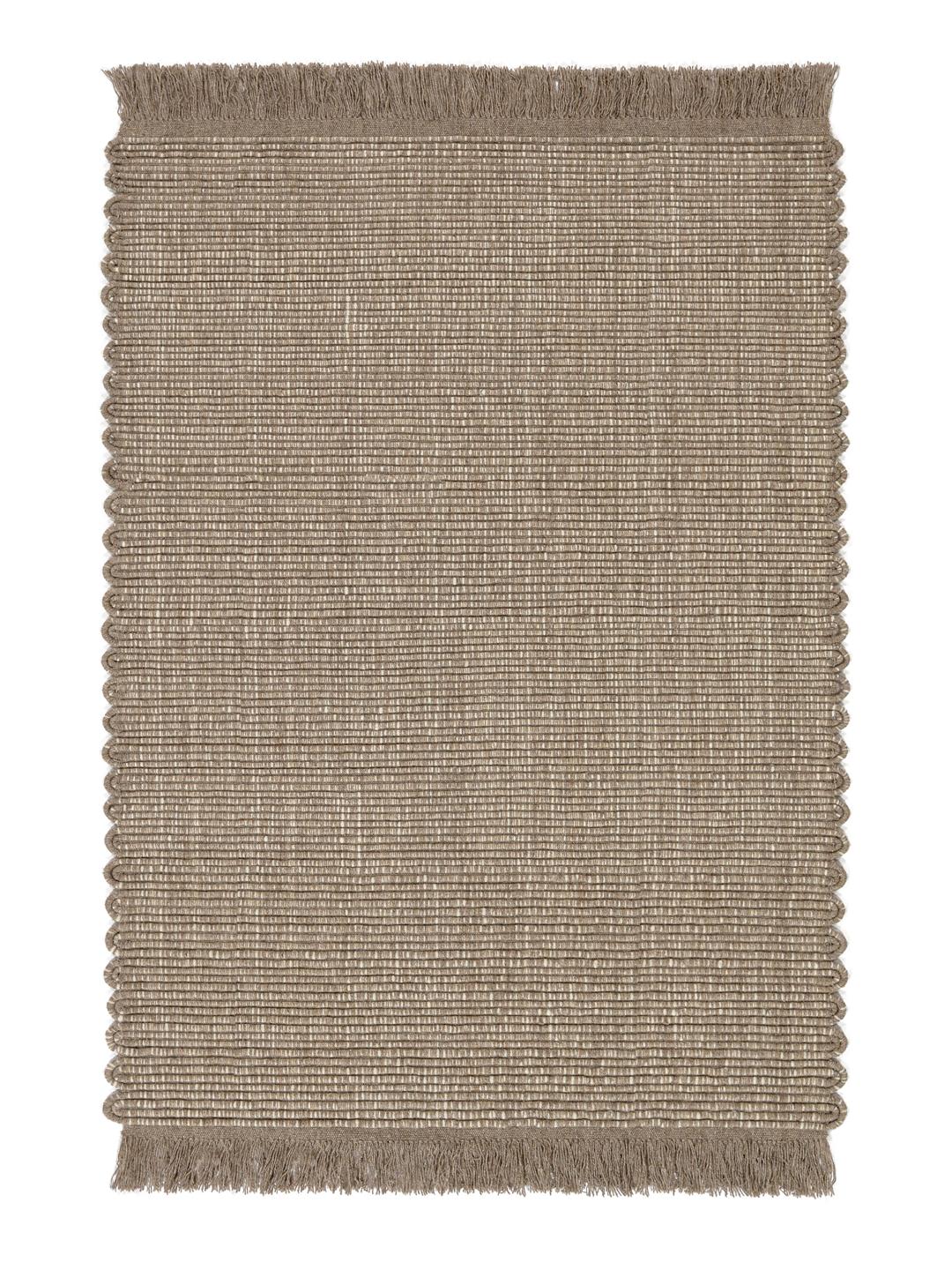 Un tapis rectangulaire en laine tissée marron avec des détails de franges.